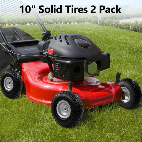 Lawn mower with 10-inch 4.10/3.50-4 tire and wheel flat free, heavy duty solid replacement tire with 5/8" bearings, (2-pack) installed