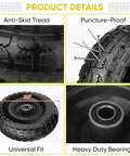 10 Inch Solid Tires 2 Pack Flat Free 4.10/3.50-4 Wheels with 5/8 Inch Axle Bore showing anti-skid tread and heavy duty bearings.