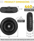 10 Inch Solid Tires 2 Pack Flat Free 4.10/3.50-4 Wheels with 5/8 Inch Axle Bore and Double Sealed Bearings dimensions and load capacity displayed.