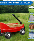 4.10/3.50-4 Flat Free 10 Inch Solid Tires and Wheels Replacement on a red cart, suitable for grass, stone, dirt, and snow roads.