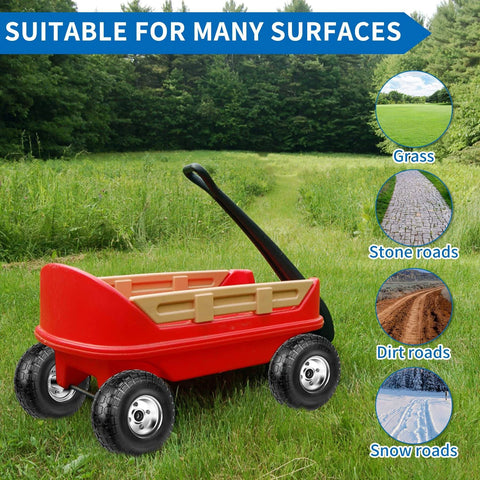 4.10/3.50-4 Flat Free 10 Inch Solid Tires and Wheels Replacement on a red cart, suitable for grass, stone, dirt, and snow roads.