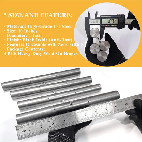 10 Inch Weld On Trailer Ramp Hinge Set 4 Pack Heavy Duty Greasable Hinges shown with dimensions and material details.