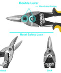 10 Inch Tin Snips Heavy Duty Chrome Vanadium Steel Metal Cutter Shears with double lever and safety lock features shown.