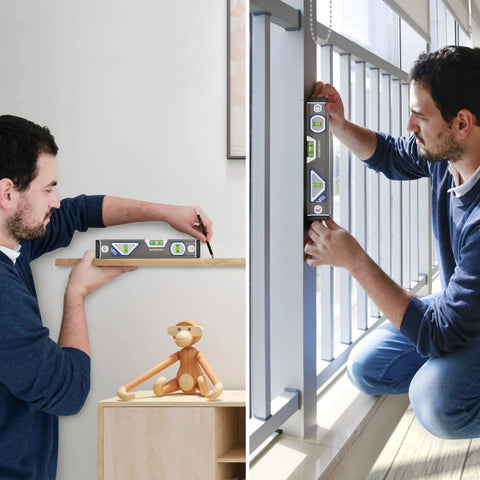 Using Pro Grade Torpedo Level for precise alignment in carpentry and installation, featuring 3 bubble vials and durable aluminum construction