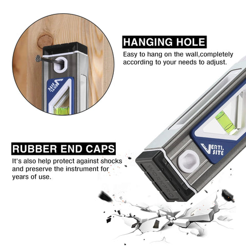 Pro Grade Torpedo Level with hanging hole and rubber end caps, showcasing easy wall mounting and durability for prolonged use.