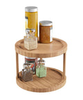 10 inch two tier bamboo lazy susan turntable organizer with spices and condiments, all natural round bamboo display for kitchen.