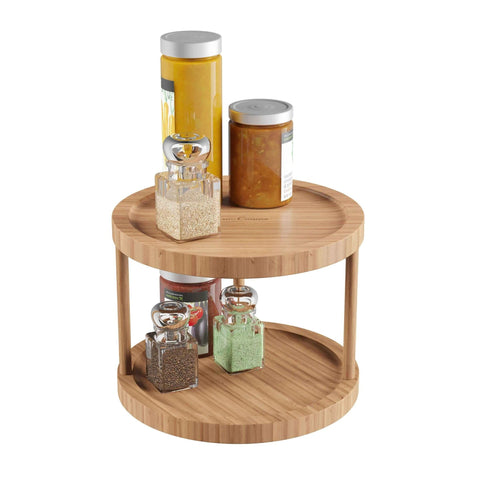 10 inch two tier bamboo lazy susan turntable organizer with spices and condiments, all natural round bamboo display for kitchen.