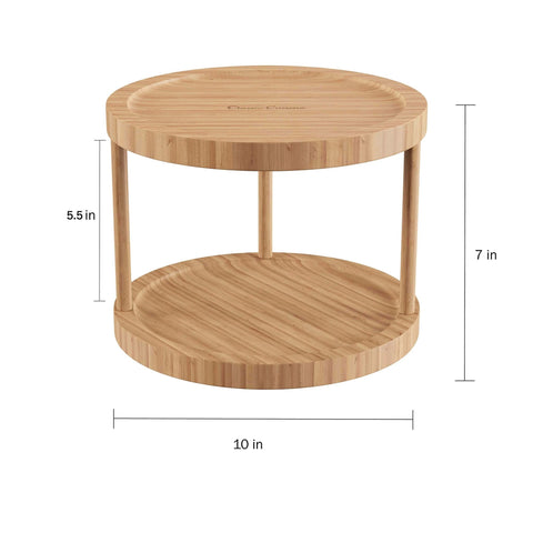 10 inch two tier bamboo lazy susan turntable organizer with a height of 7 inches, perfect for kitchen and pantry use.