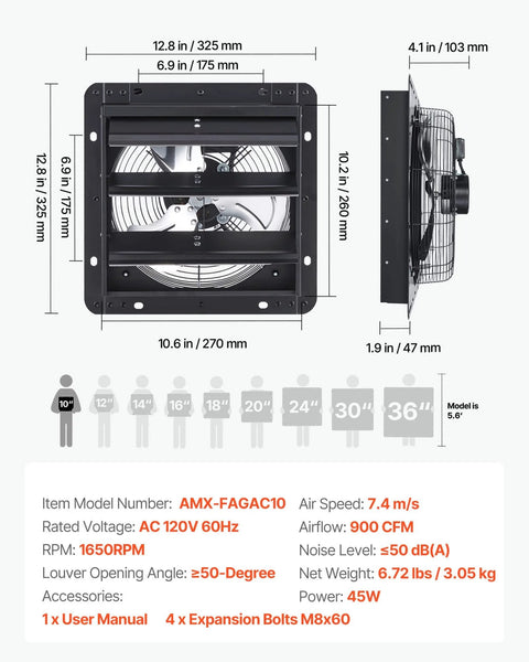 Beefy 10 Inch Wall Mounted Attic Exhaust Fan With 900 CFM And Stepless Variable Speed Control, side and front view dimensions.