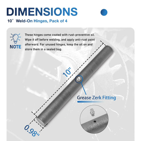10 Inch Weld On Trailer Ramp Hinge Pack Of 4, heavy steel, greasable zerk fitting, for trailers ramps gates, dimensions shown