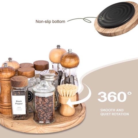 Wood lazy susan organizer kitchen turntable, 10 inch round decorative farmhouse tray in brown with non-slip bottom and smooth rotation.
