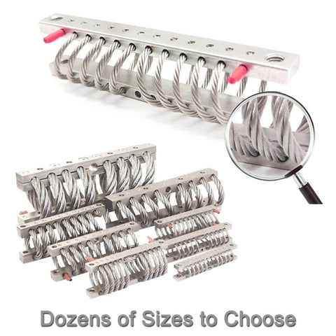 10 Loop Wire Rope Isolator Made From 304 Stainless Steel Anti Vibration Mount Shock Absorber Damper For Industrial And Commercial Use With Versatile Mounting Options Crimp Patterns And High Performance Vibration Damping For Beefed Up Heavy Duty Equipment, front view of various sizes.