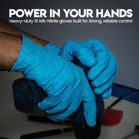 Mechanic wearing 10 Mil Nitrile Heavy Duty Gloves With Diamond Grip holding a tool, showcasing textured grip for auto repair.