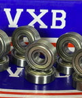 Close-up of 10-Pack Electric Motor Quality 608ZZ EMQ Ball Bearings showing chrome steel construction and double metal shields.