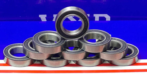 10-Pack 6801-2TS 12x21x5 Sealed Ball Bearings - PTFE Seals arranged in a stack with one prominently displayed in front.