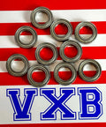 10-Pack 6801ZZ Beairng 12x21x5mm Ball Bearings arranged on a red and white background, showcasing chrome steel construction.