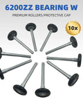 10 Pack Black Nylon Garage Door Rollers With 2 Inch Wheels And 4 Inch Rods featuring 6200ZZ double sealed bearings, arranged in a circle.
