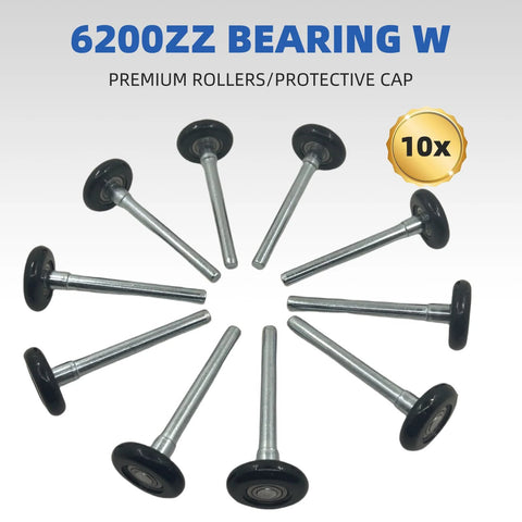 10 Pack Black Nylon Garage Door Rollers With 2 Inch Wheels And 4 Inch Rods featuring 6200ZZ double sealed bearings, arranged in a circle.