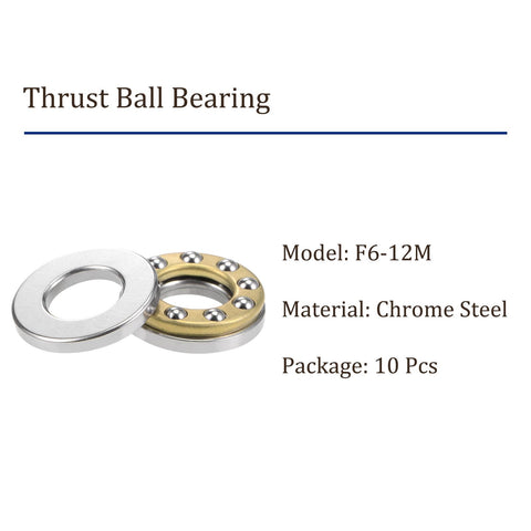 10 Pack F6 12M Thrust Ball Bearing Set For Machine Tools With Washer Chrome Steel 6mm By 12mm By 4.5mm shown with model details.