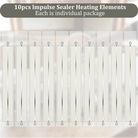Set of 10 Pack Heat Sealer Replacement Strips For Impulse Sealers, Includes Nylon Cloth Strips, visible in individual packaging.