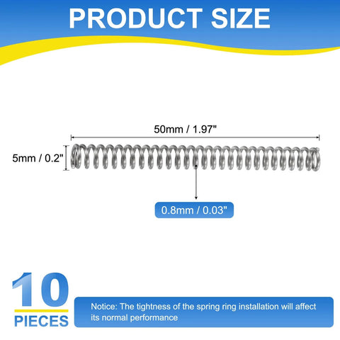 10 Pack Stainless Steel Compression Springs, 5mm Outer Diameter, 0.8mm Wire, 50mm Length, 304 Grade, Ideal For DIY Projects