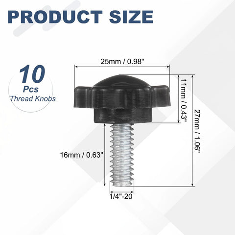 Ten Pack Of Star Knobs With One Quarter Inch Twenty Thread, 0.6 Inch Threaded Stud Plastic Hand Tightening Replacement Knobs dimensions