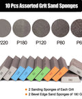 10 Pack Washable Sanding Blocks With Grit 60 80 120 180 220 For Wood Or Metal displayed with grit levels and colors