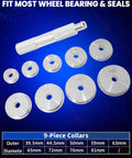 10 Piece Bearing Race And Seal Driver Kit with 9 dual-sided aluminum adapters shown on a blue background for automotive use