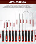 Front view of Hook And Pick Set 10 Piece Precision Tool Kit With Non Slip Grips for Automotive O Ring Seals Gaskets Removal.