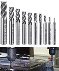 10 Piece 4 Flute End Mill Set in metric sizes 2mm to 12mm, HSS high speed steel, CNC milling, suitable for wood aluminum cast iron plastic