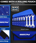 10-Piece Ultra Thin Open End Wrench Set Metric 5.5–27mm with rolling storage pouch.