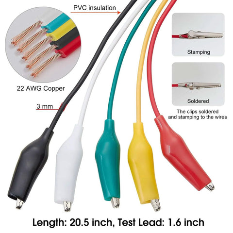 Color-coded 10 pieces and 5 colors test lead set with alligator clips, 22 AWG copper wires, elements labeled, 20.5 inches long.