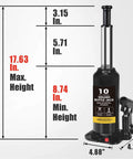 Beefy 10 Ton Hydraulic Bottle Jack For Auto Repair And Home Lifts With Wide Lift Range And Serrated Heat Treated Saddle By Torin Welded Construction Quality showing dimensions.