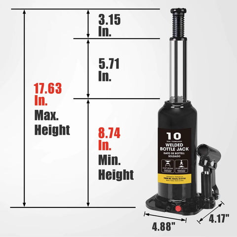 Beefy 10 Ton Hydraulic Bottle Jack For Auto Repair And Home Lifts With Wide Lift Range And Serrated Heat Treated Saddle By Torin Welded Construction Quality showing dimensions.