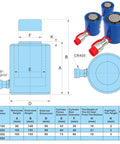 Diagram of a 10 Ton Hydraulic Cylinder Ram with specifications, including 2 inch stroke, single acting, and force rating 10 ton.