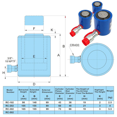 Diagram of a 10 Ton Hydraulic Cylinder Ram with specifications, including 2 inch stroke, single acting, and force rating 10 ton.