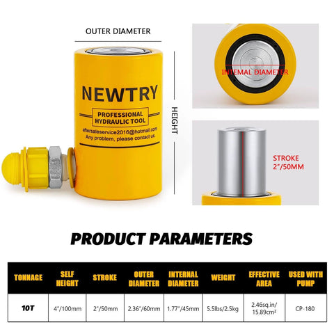 10 ton Hydraulic Ram Jack Cylinder Short Type with 2” Stroke, shown with detailed dimensions, ideal for industrial lifting and construction.