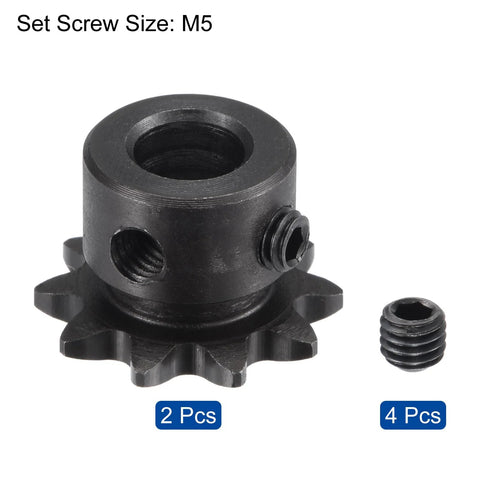 Close-up of Two 10 Tooth Chain Sprockets With One Quarter Inch Pitch And 8 Millimeter Bore For ISO 04C Chains C45 Carbon Steel with M5 Set Screws