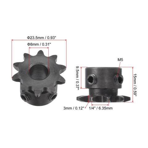 Two 10 Tooth Chain Sprockets With One Quarter Inch Pitch And 8 Millimeter Bore For ISO 04C Chains C45 Carbon Steel Sprockets Built Tough As Nails With M5 Set Screws 23.5 Millimeters Outside Diameter 9.5 Millimeters Wide 15 Millimeters Total Width