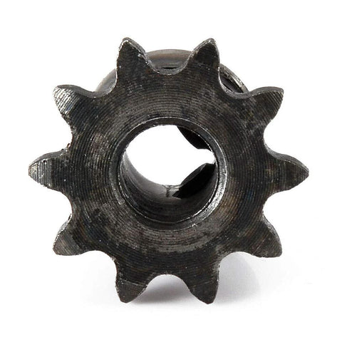 Front view of Two Pack 8mm Bore 10 Tooth Metal Pilot Motor Gear Sprocket for Roller Chain Drive, ideal for CNC projects and DIY robots.