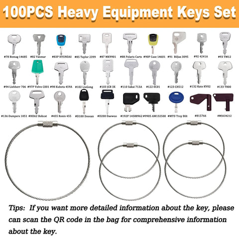 100 NonRepeating Full Range Master Equipment Key Set With 5 Keyrings For Heavy Construction Machinery