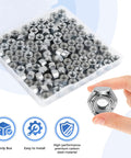 100 pack 1/4-20 nylon insert lock nuts for industrial construction and furniture projects, zinc plated in storage box, held in hand.