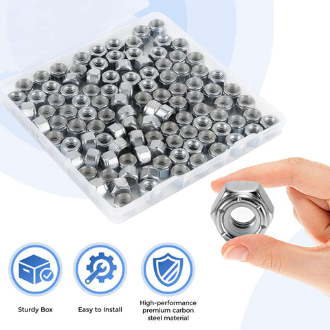 100 pack 1/4-20 nylon insert lock nuts for industrial construction and furniture projects, zinc plated in storage box, held in hand.