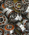 100-Pack Skate Ball Bearings - Nylon Cage - Open, close-up view of bearings showing steel outer casing and nylon retainer.