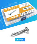 100 Pcs #10 x 1 Inch Pan Head Wood Screws Made from 304 Stainless Steel in transparent storage case with driver bit.