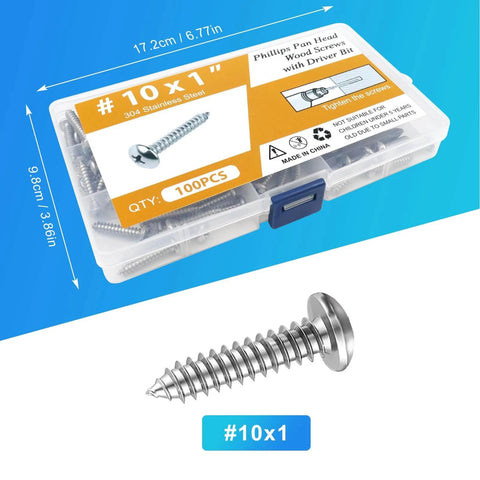 100 Pcs #10 x 1 Inch Pan Head Wood Screws Made from 304 Stainless Steel in transparent storage case with driver bit.