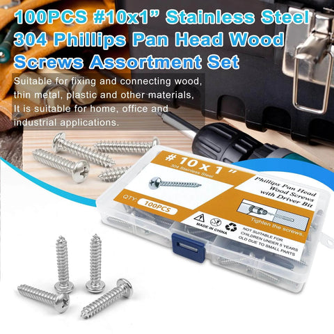 100 Pcs #10 x 1 Inch Pan Head Wood Screws Made from 304 Stainless Steel Featuring Self Tapping Coarse Threads and Sharp Point in packaging