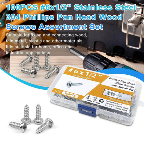 100 Pcs #6 x 1/2 Inch Pan Head Wood Screws Made from 304 Stainless Steel displayed in a clear box with screws visible, suitable for various materials.