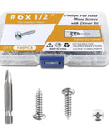 100 Pcs #6 x 1/2 Inch Pan Head Wood Screws Made from 304 Stainless Steel in a clear box with driver bit and screws visible.