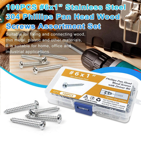 100 Pcs #6 x 1 Inch Pan Head Wood Screws Made from 304 Stainless Steel in a clear storage case for various material applications.